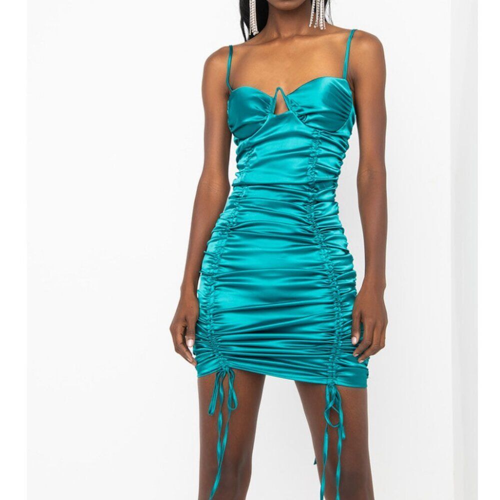 Akira In A Boss Mood Ruched Teal Satin Bodycon Mini Dress SZ L